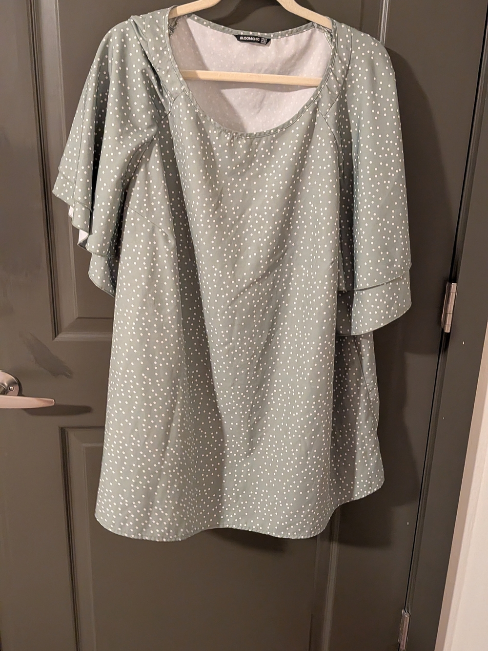 BloomChic Sage Green Polka Dot Flutter-Sleeve Tunic